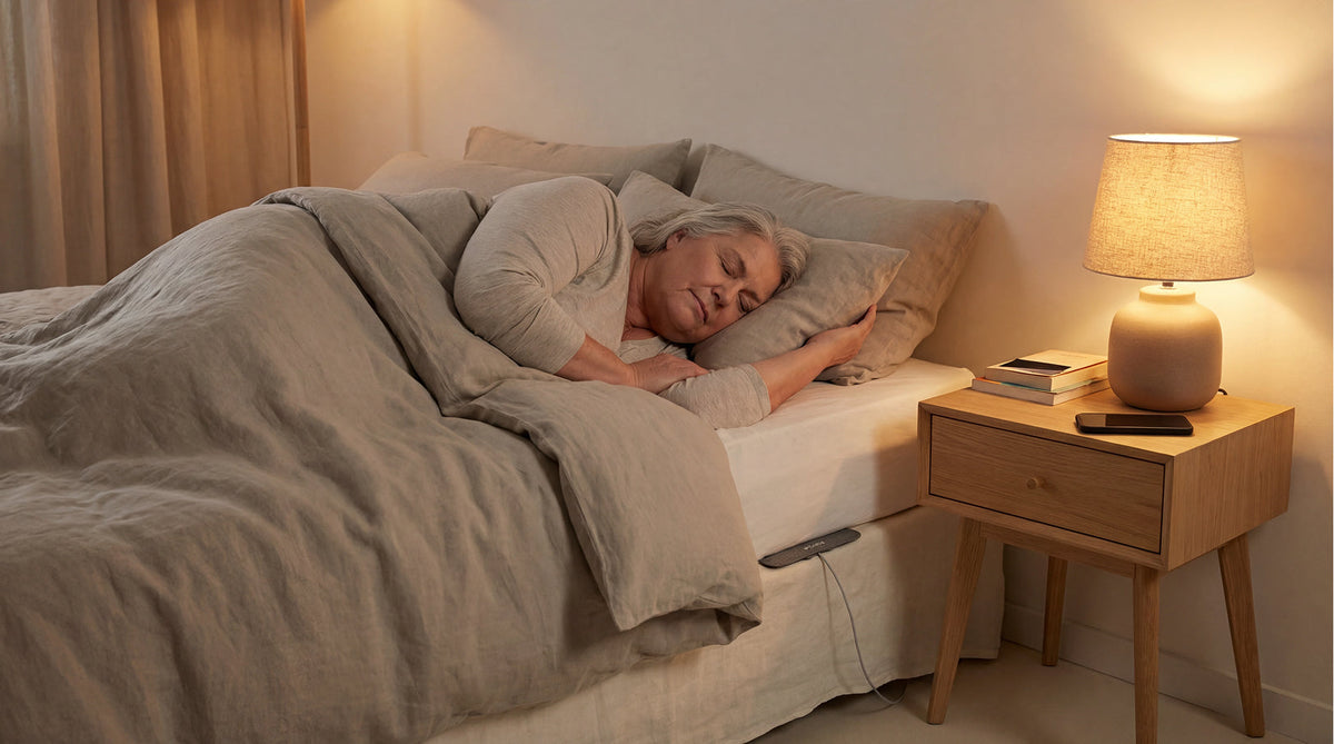 Woman sleeping in their bed with Sleep Rx under mattress