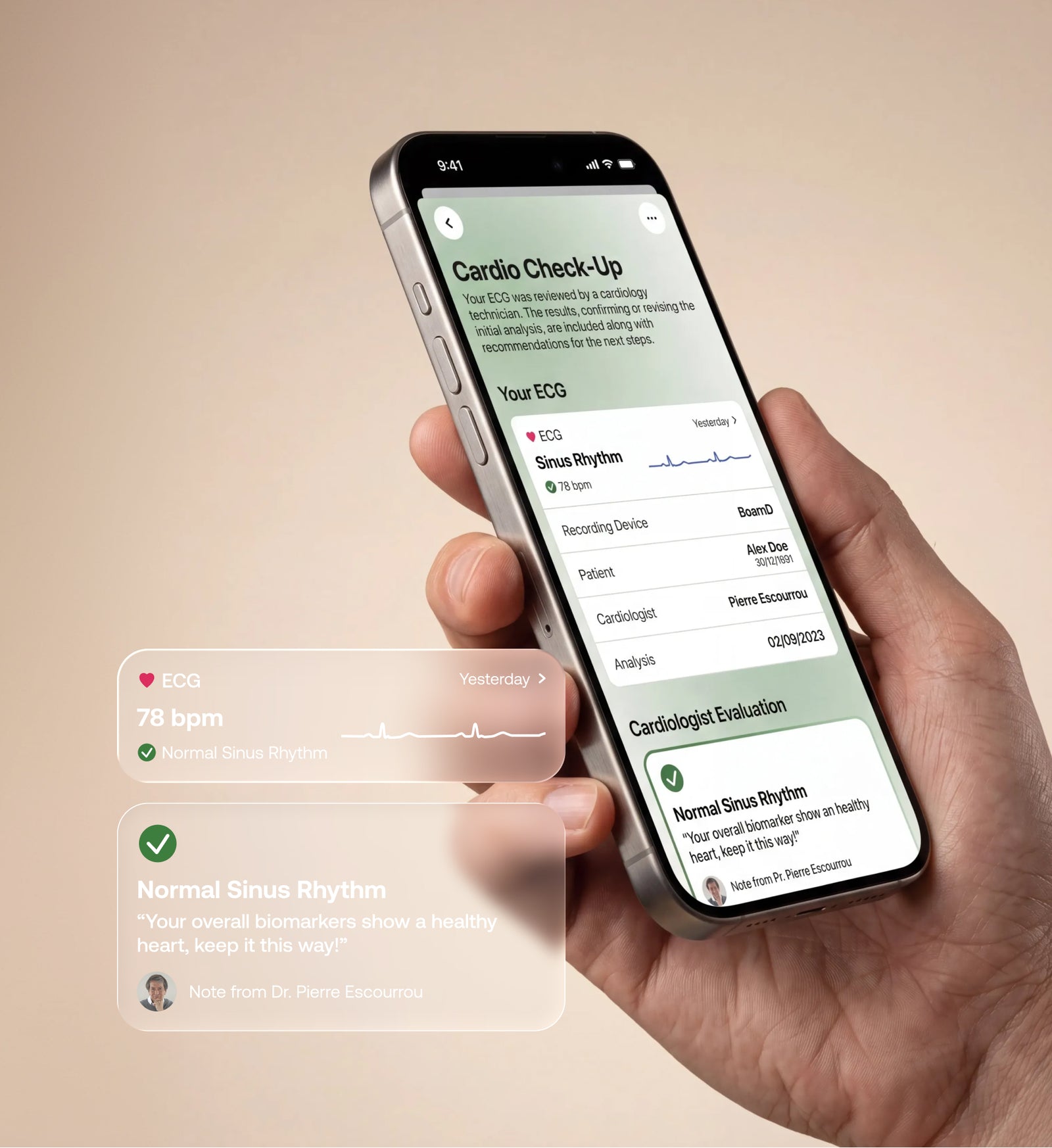 Withings Plus — Cardio Check-Up — Hand holding an iPhone showing ECG results and cardiologist evaluation, normal sinus rhythm at 78 bpm — app screen, ECG, cardiology, hand-held