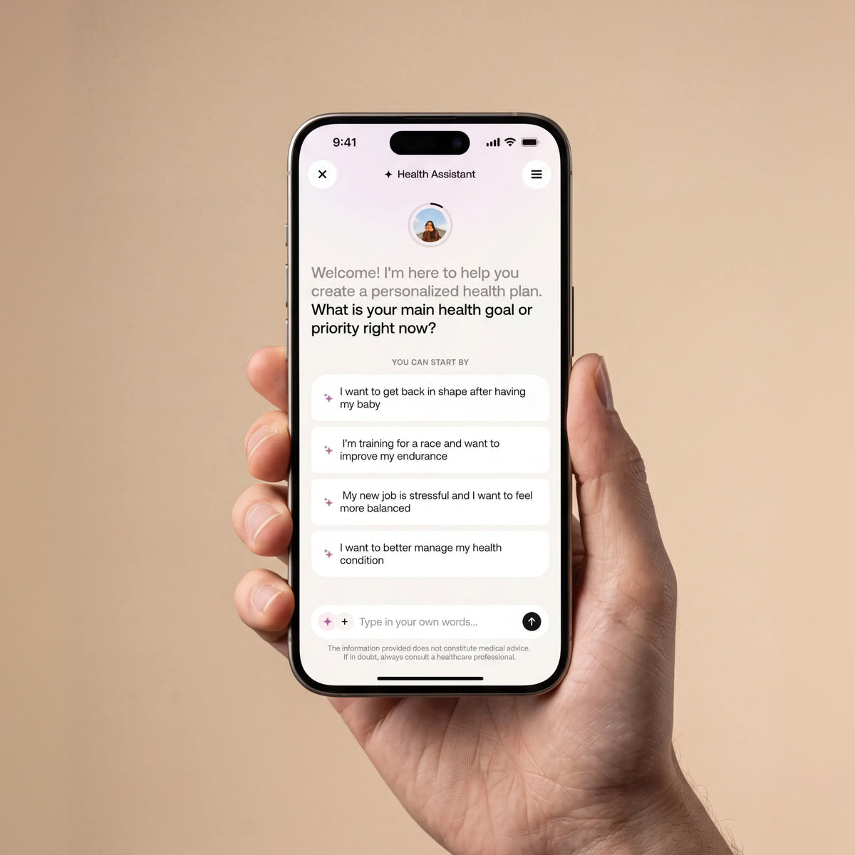 Withings Plus — Health Assistant — Opening screen of AI health assistant held in hand, personalized health plan chat UI on iPhone — appscreen, hand holding phone, chat UI, goal suggestions