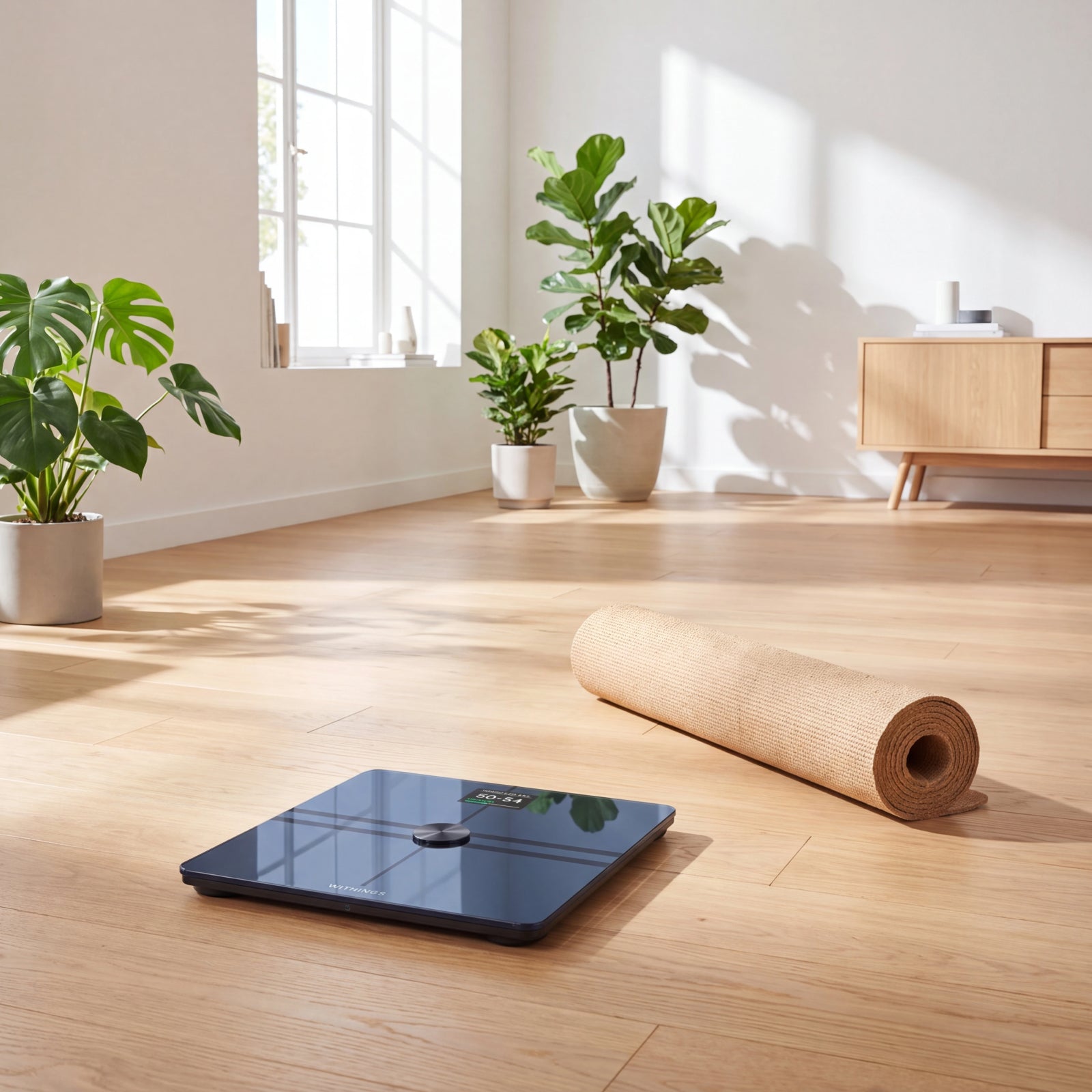Withings Body Comp — Black — Smart scale on light hardwood floor, rolled yoga mat nearby, green indoor plants in background, natural sunlight — indoor, wood floor, yoga, natural light