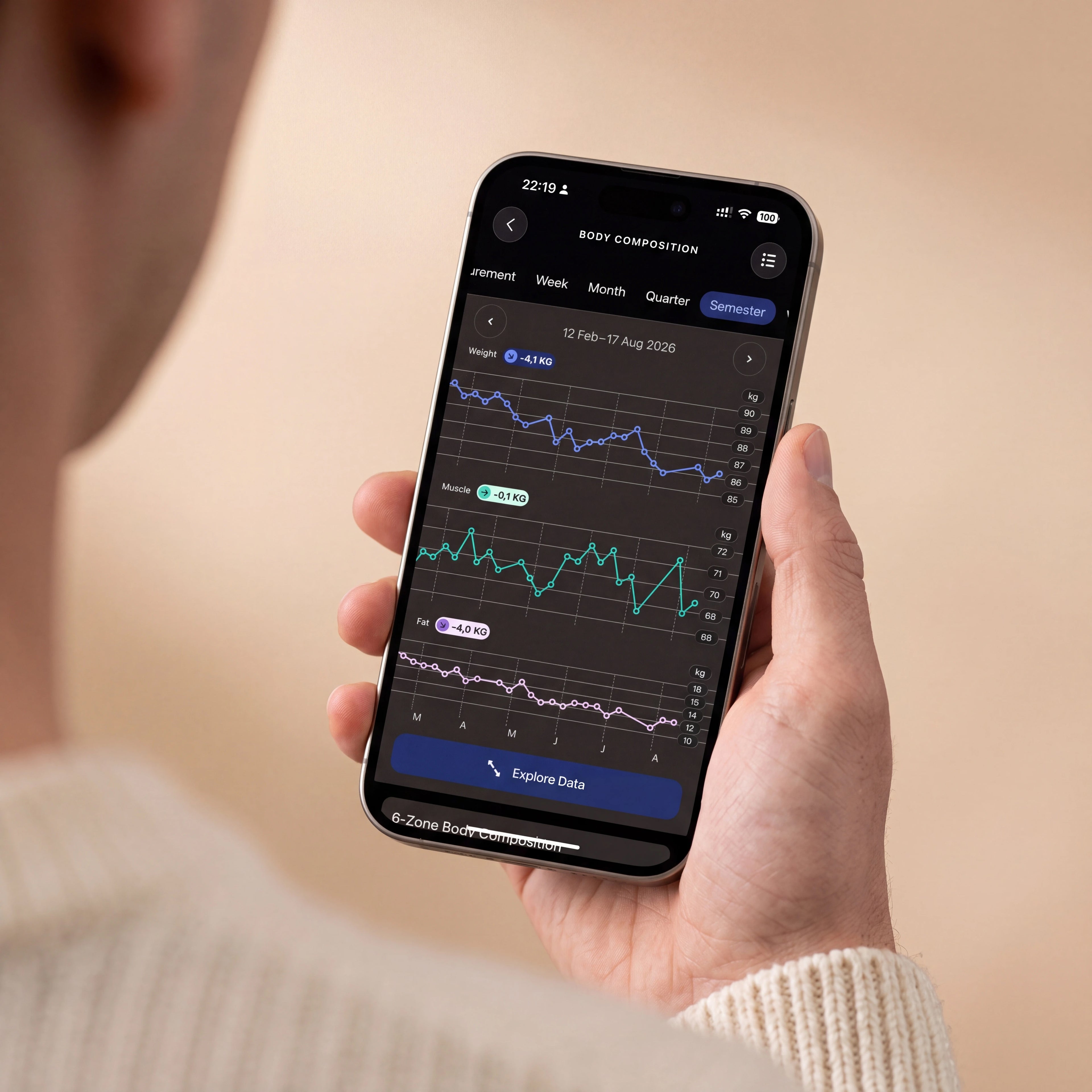 Withings BodyFit — Black — Hand holding a smartphone showing the Body Composition screen in Withings app, with weight, muscle and fat trend charts on dark background — app screen, close-up