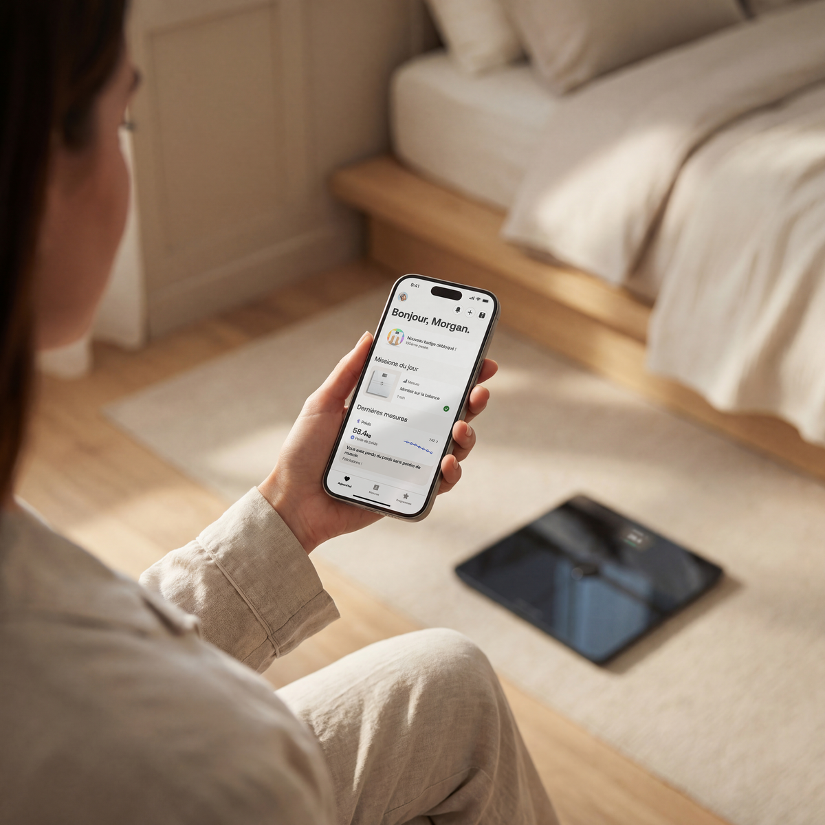 Body Smart Black — woman sitting holding an iPhone with Health Mate app, black scale on floor in background, bright bedroom interior — health mate app, bedroom, handheld