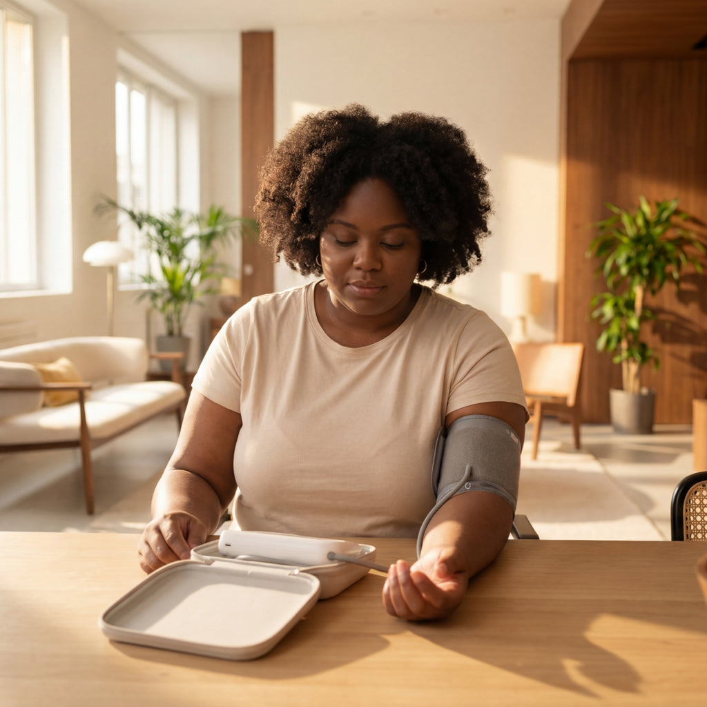 Withings BPM Vision — Connected blood pressure monitor — Woman seated at wooden table taking blood pressure measurement indoors, warm natural light, modern living room — blood pressure, home use, natu