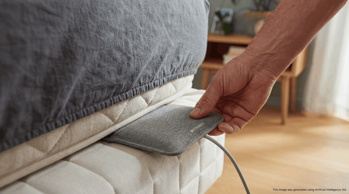 Withings Sleep Analyzer — Sensor unter der Matratze — Hand schiebt den Sensor zwischen Matratze und Lattenrost, helles Schlafzimmer im Hintergrund — Installation, unter der Matratze, Nahaufnahme, Schlafzimmer
