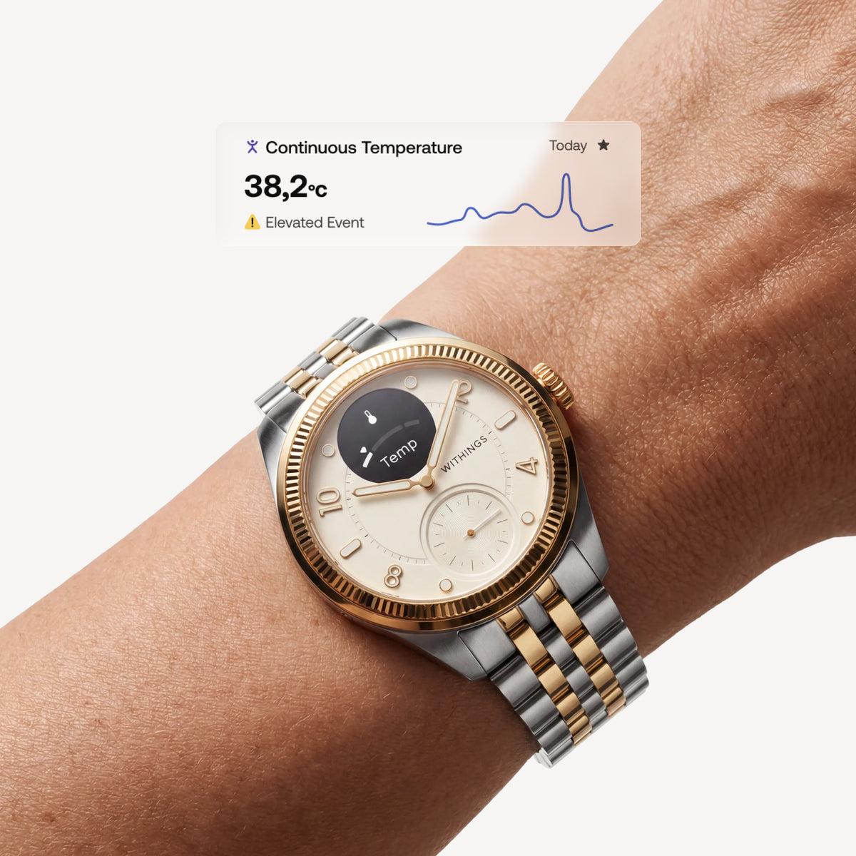 ScanWatch Nova Brilliant — Zweifarbig Gold/Silber 39 mm — Am Handgelenk getragen, Temp-Zifferblatt sichtbar, Overlay der App zur kontinuierlichen Temperaturerfassung zeigt erhöhtes Ereignis von 38,2 °C — Nahaufnahme, Handgelenk, Temperatursensor