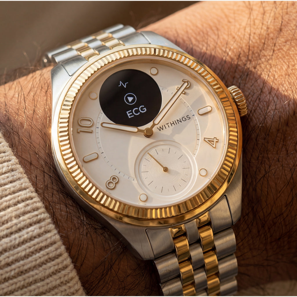 ScanWatch Nova Brilliant — Two-tone gold/steel 39mm — Worn on wrist, cream dial with active ECG screen, two-tone jubilee bracelet, warm golden light — close-up, wrist, ECG, two-tone