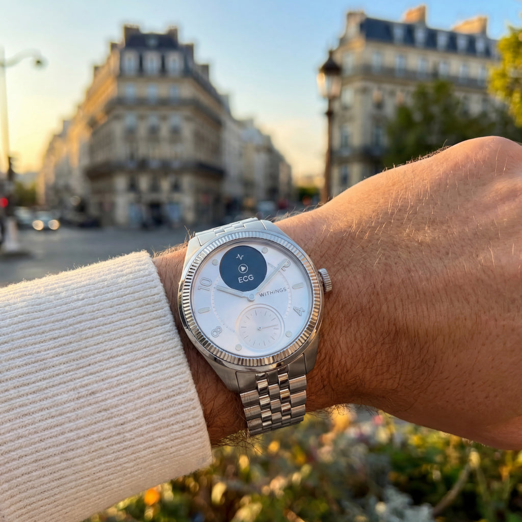 ScanWatch Nova Brilliant — Steel 39mm — Watch worn on wrist displaying ECG screen, Paris Haussmann buildings in background, golden hour light — wrist, outdoor, paris, ECG screen
