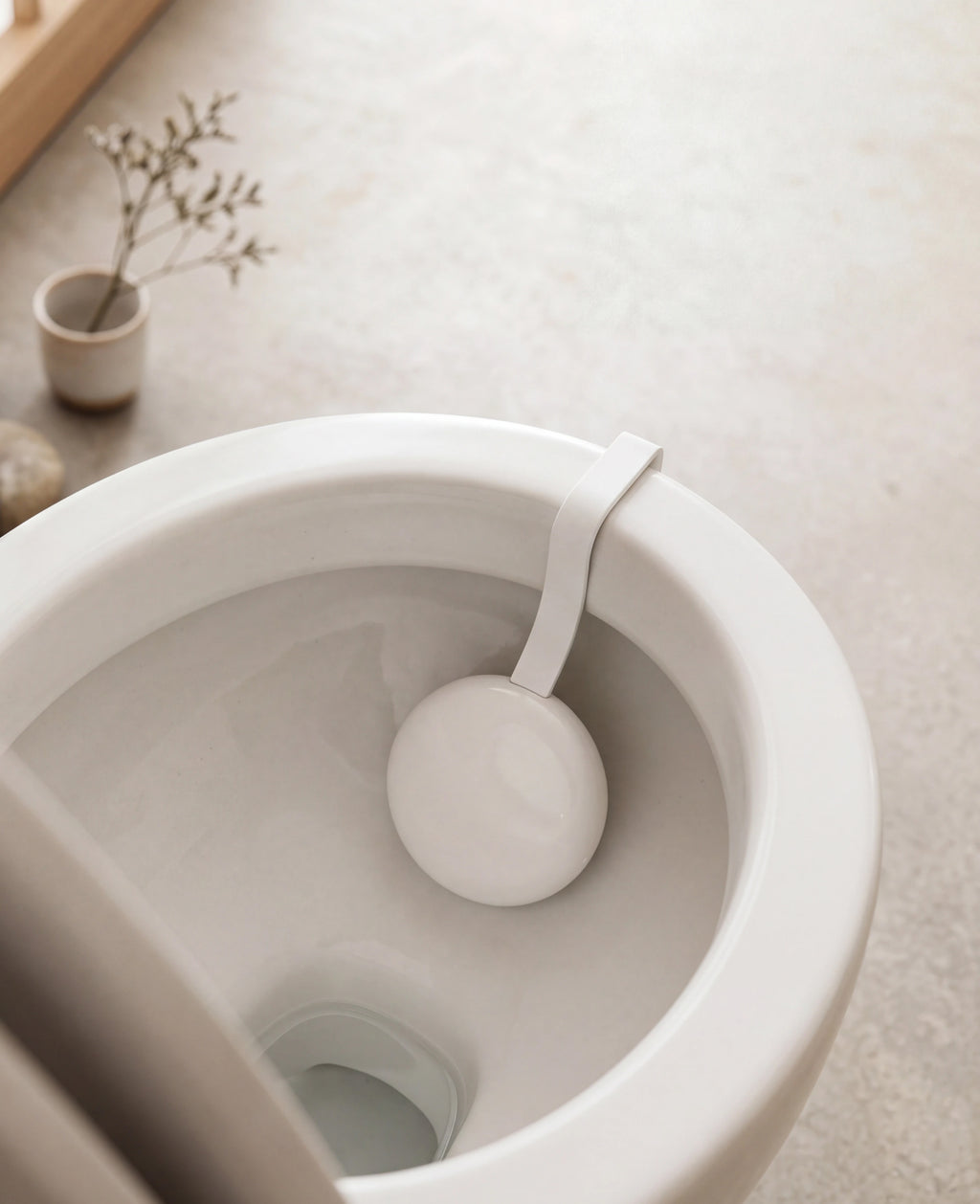 U-Scan Calci — Calci variant — Top-down view of the device clipped under a toilet bowl rim, beige tone, soft natural light, minimal bathroom setting — top-down, bathroom, minimal, beige