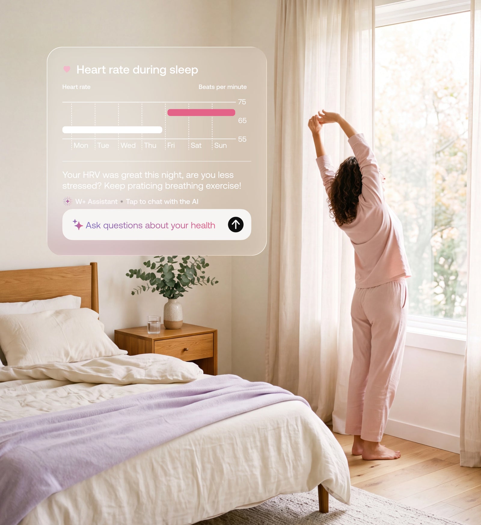 Withings+ — Sleep heart rate tracking — Woman in pink pajamas stretching at sunrise in a bright bedroom with AI health app overlay — bedroom, morning, app overlay, stretching