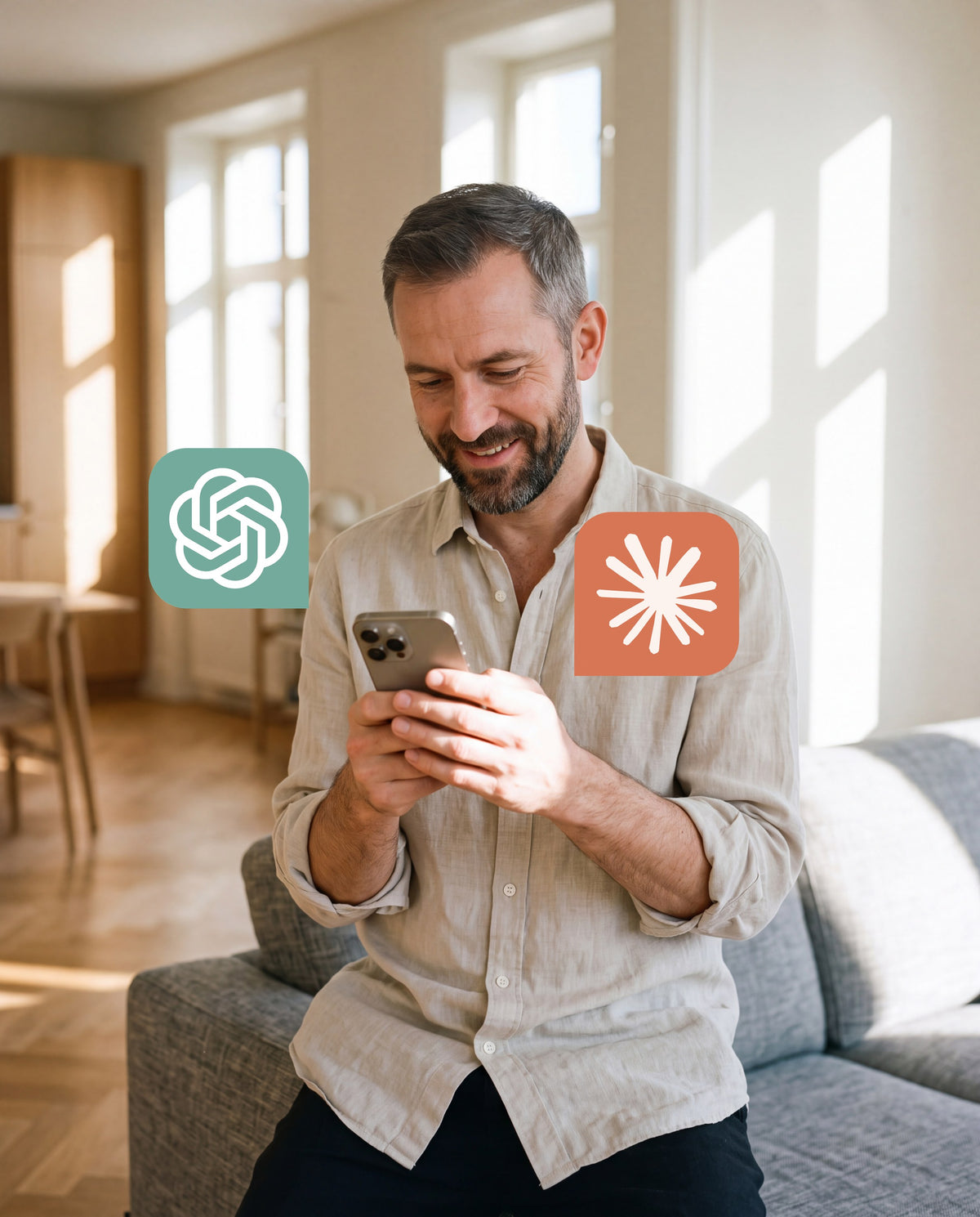 Withings Plus, AI platform - Smiling man holding a smartphone with ChatGPT and Claude app icons, seated in a bright living room — indoor, smartphone, AI, natural light