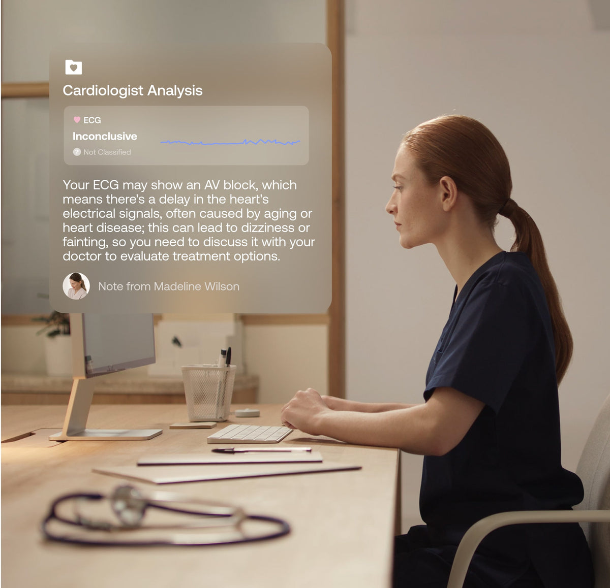 Withings+ — Cardiologist Analysis — Female cardiologist seated side profile at desk, ECG inconclusive UI overlay with medical note — medical office, side profile, scrubs, ECG overlay