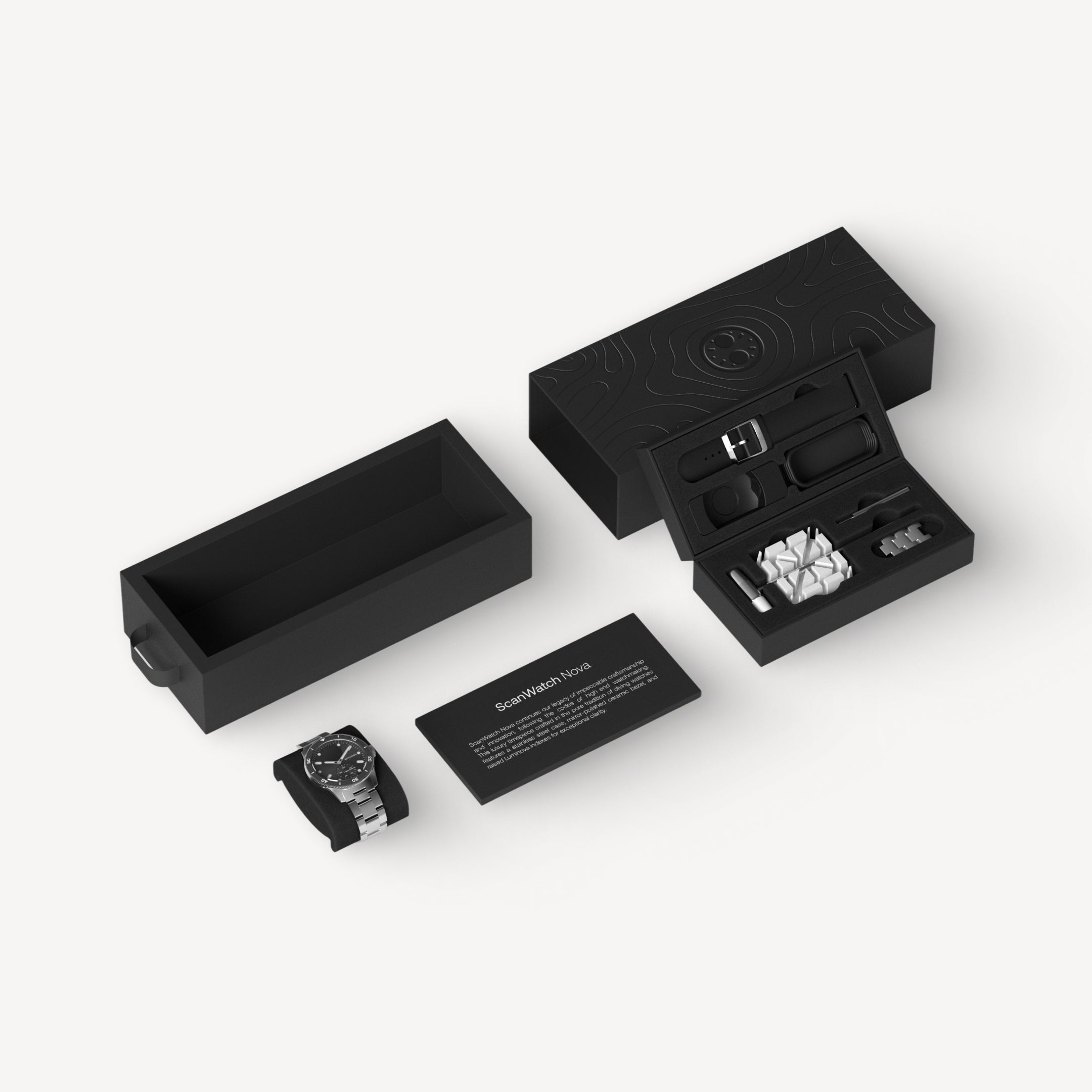 ScanWatch Nova — Black 42mm — Exploded view of matte black packaging with watch, strap, tools and product card on white background — unboxing, box contents, accessories