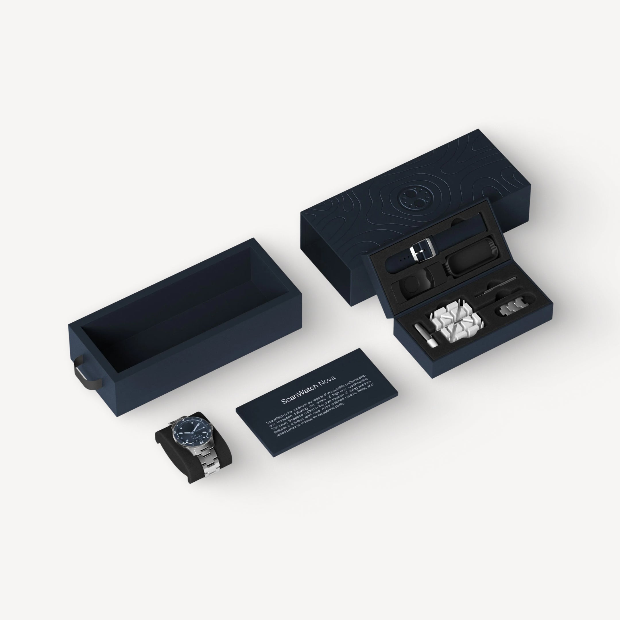 ScanWatch Nova — Blue 42mm — Exploded view of navy packaging with watch, interchangeable straps, accessories and product card on white background — packaging, unboxing, flat lay