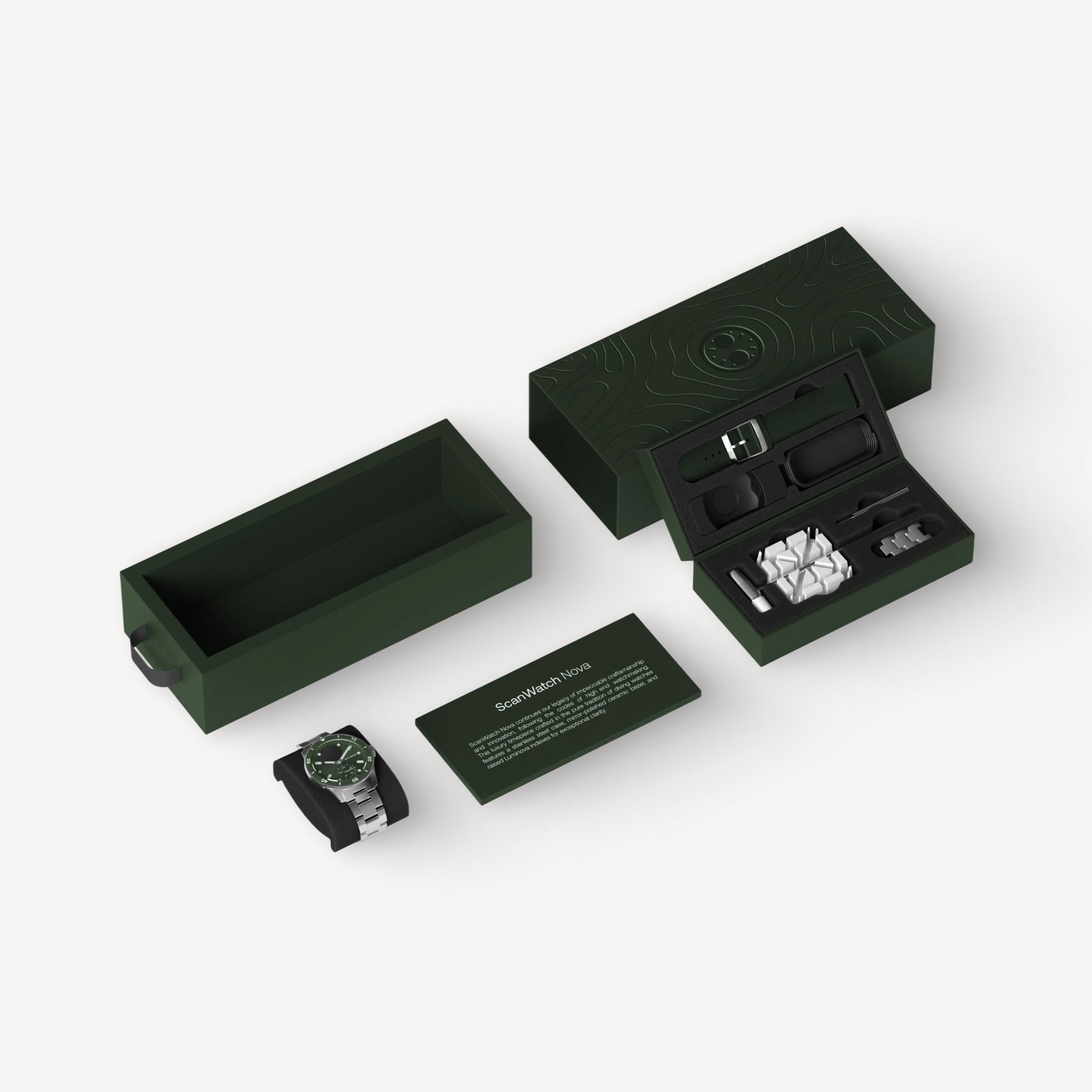 ScanWatch Nova — Verde 42mm — Unboxing completo: caja verde oscura abierta con reloj, correa, accesorios y tarjeta del producto sobre fondo gris claro — embalaje, unboxing, vista isométrica, caja verde