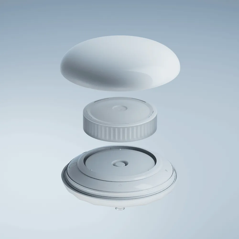 U-Scan Nutrio — Exploded view of three components: white dome cap, ridged cartridge, and base station — exploded view, components, neutral background, light grey