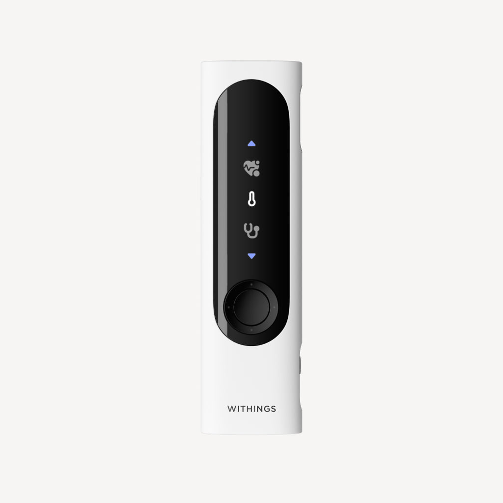 Withings BeamO — Beam-O — Vorderansicht auf weißem Hintergrund, vertikales weißes und schwarzes Gerät mit OLED-Bildschirm und Gesundheitssymbolen — Vorderansicht, einfacher Hintergrund, kompakt, monochrom