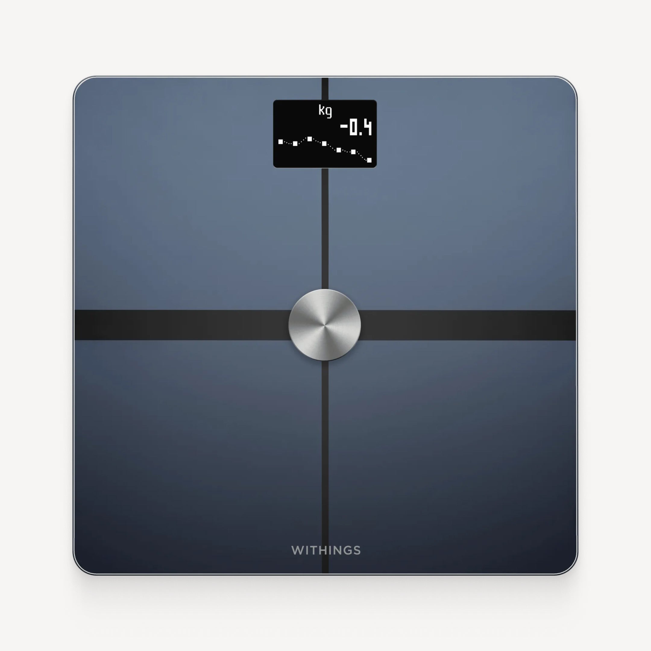 Withings Body+ — Schwarz — Draufsicht auf neutralem Hintergrund, schwarze Smart-Waage mit OLED-Display, das ein Trenddiagramm mit −0,4 kg anzeigt — einfacher Hintergrund, frontal, Display ein