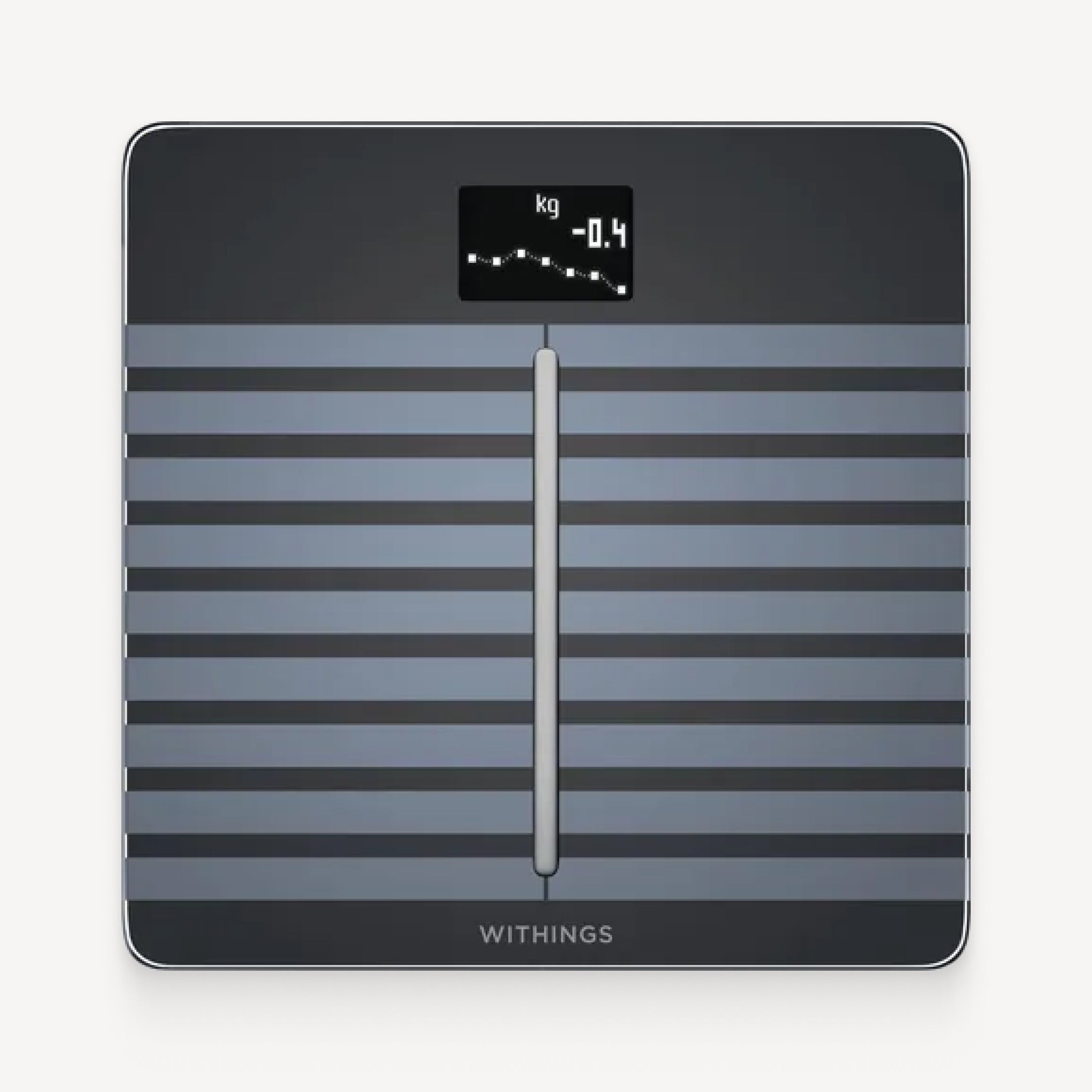 Body Cardio — Black — Top-down view on white background, smart scale with OLED screen showing -0.4 kg and trend graph — top-down, white background, lit display, striped design