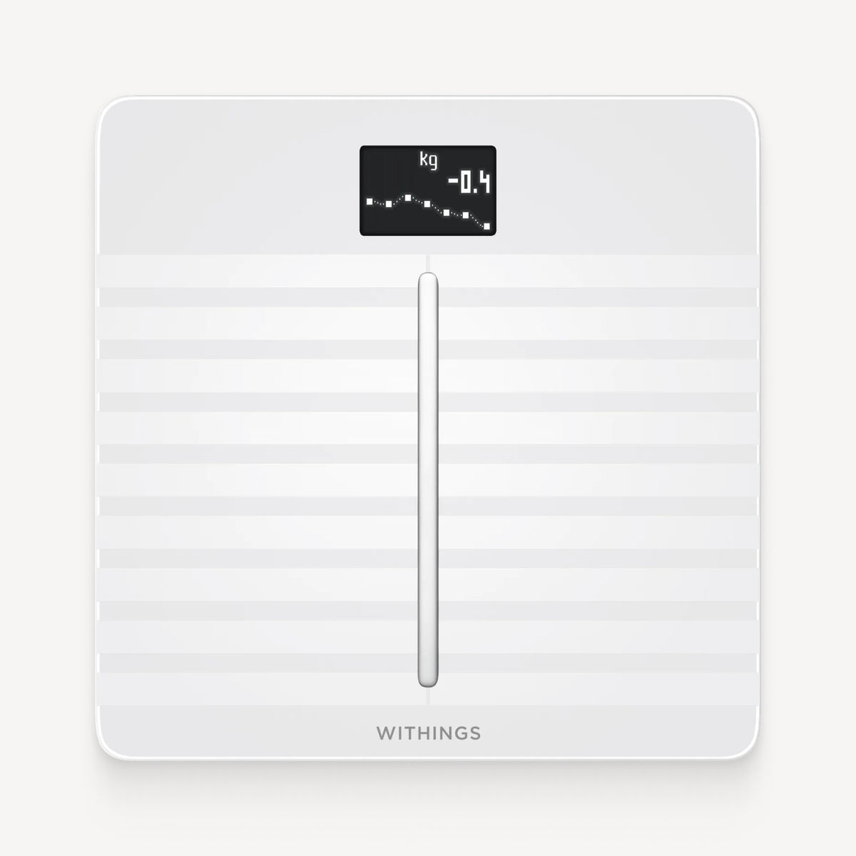 Body Cardio Waage — Weiß — Draufsicht auf weißem Hintergrund, OLED-Bildschirm zeigt -0,4 kg mit Trendgraph — Frontansicht, minimalistisch, neutraler Hintergrund, Bildschirm eingeschaltet