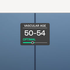 Body Comp — Black — App screen showing vascular age 50-54 with optimal status and green slider indicator — health metric, app UI, vascular age