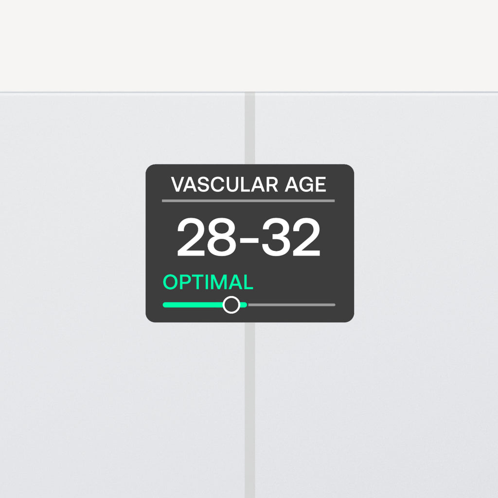 Withings Body Comp — White — App screen showing Vascular Age 28-32, Optimal status, green gauge slider — appscreen, vascular health, dark UI