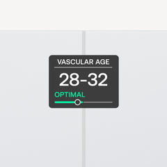 Withings Body Comp — White — App screen showing Vascular Age 28-32, Optimal status, green gauge slider — appscreen, vascular health, dark UI