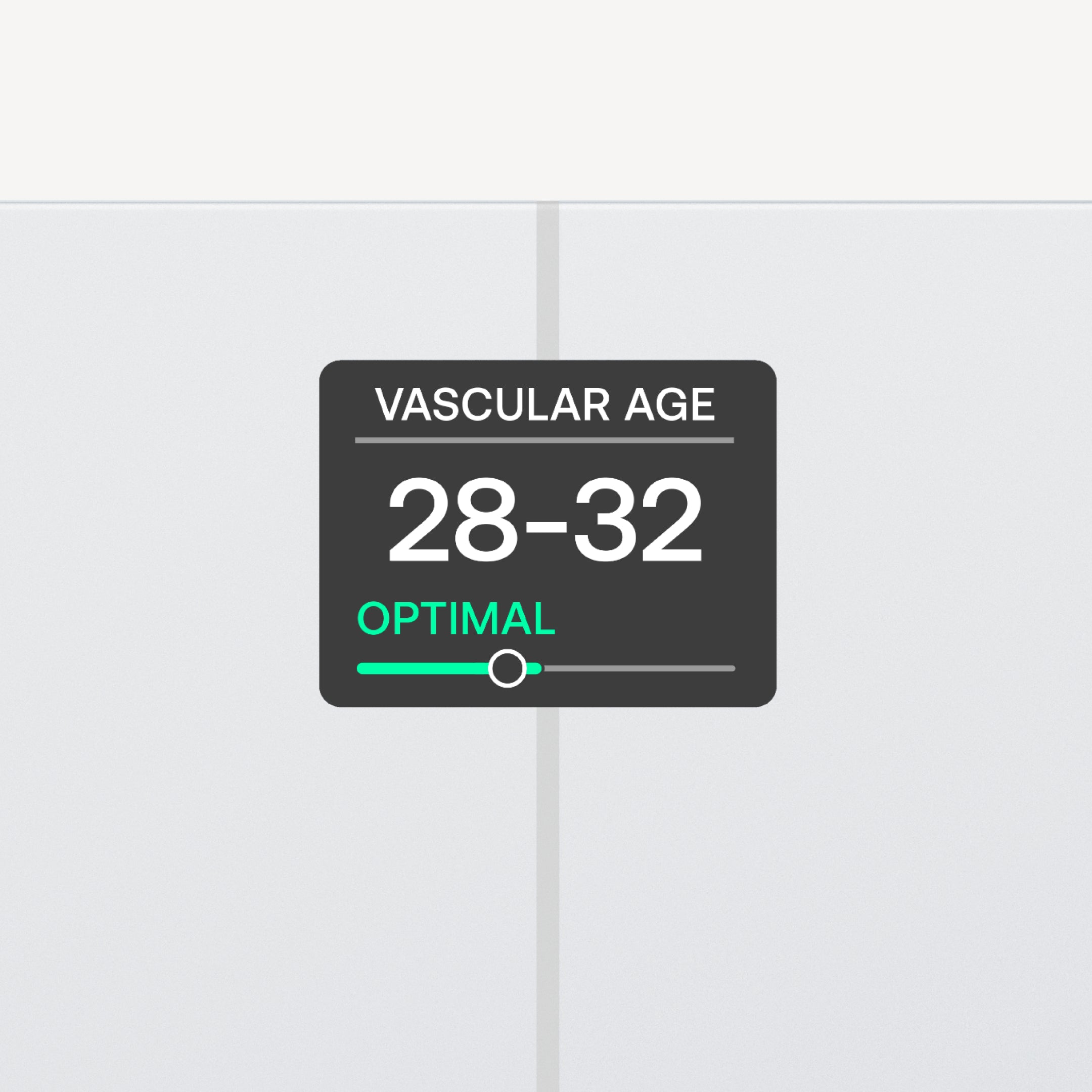 Withings Body Comp — White — App screen showing Vascular Age 28-32, Optimal status, green gauge slider — appscreen, vascular health, dark UI
