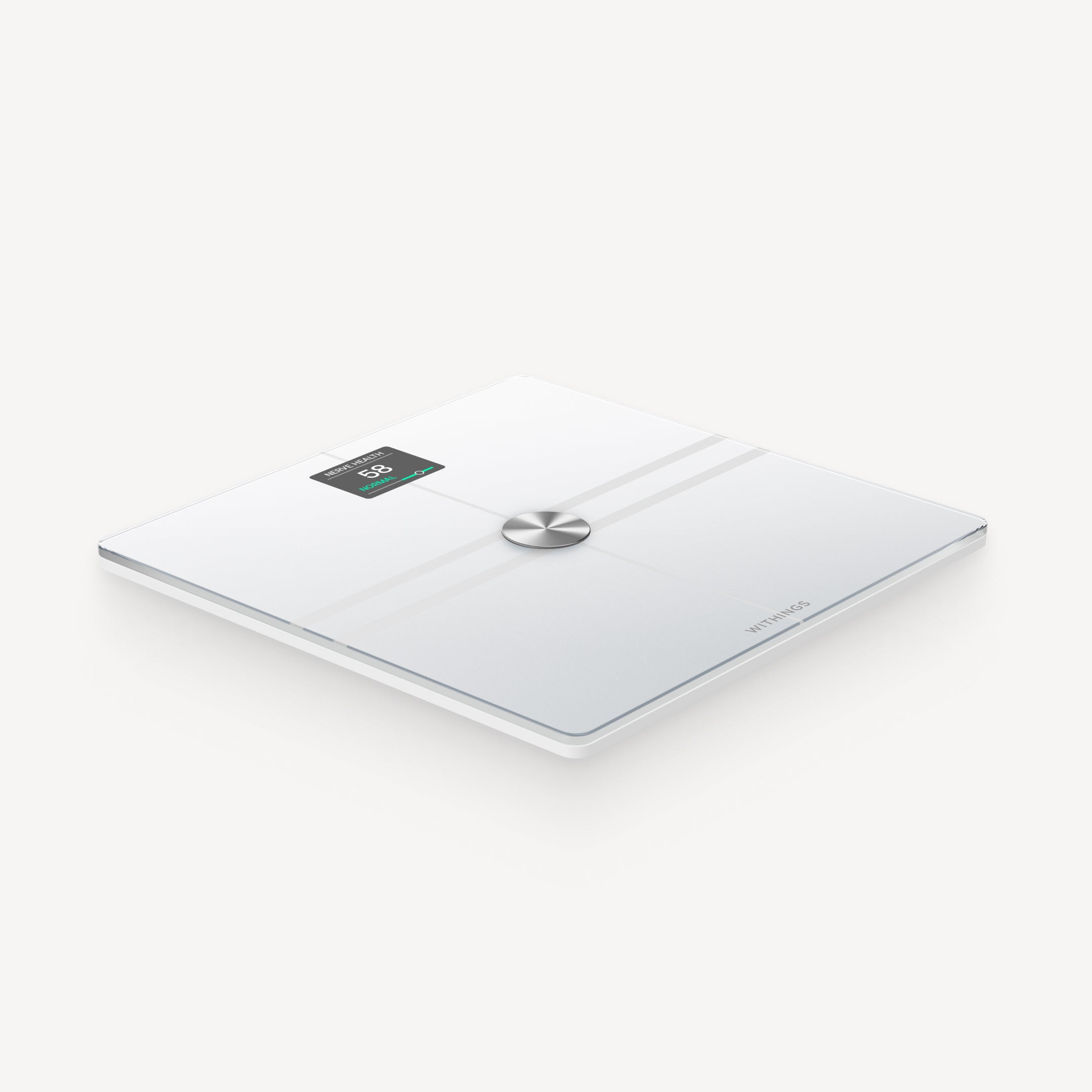 Withings Body Comp — White — Three-quarter perspective view on white background, OLED screen lit, brushed chrome center button — three-quarter, neutral background, white, lit screen