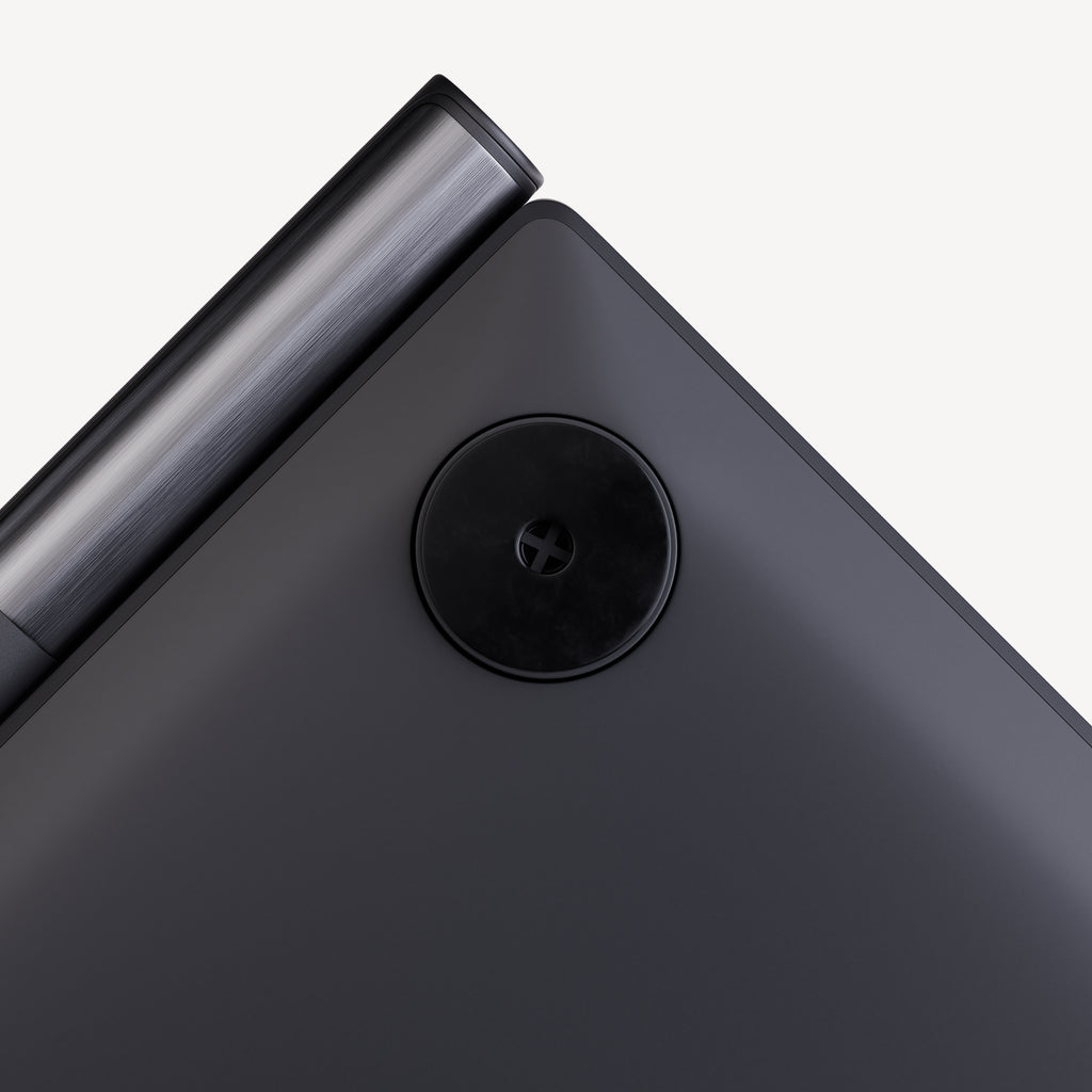 BodyFit — Black — Close-up detail of the back corner showing rotating pivot and matte black surface — close-up, back, hinge, matte black