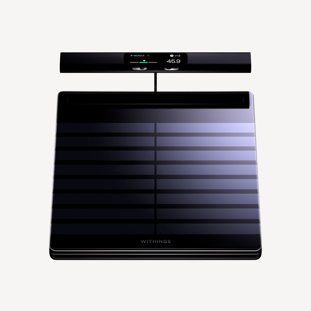 BodyScan 2 — Black — Front view on white background, black platform with horizontal stripes and detached measurement handle bar with display — black, front, plain background, ECG handle