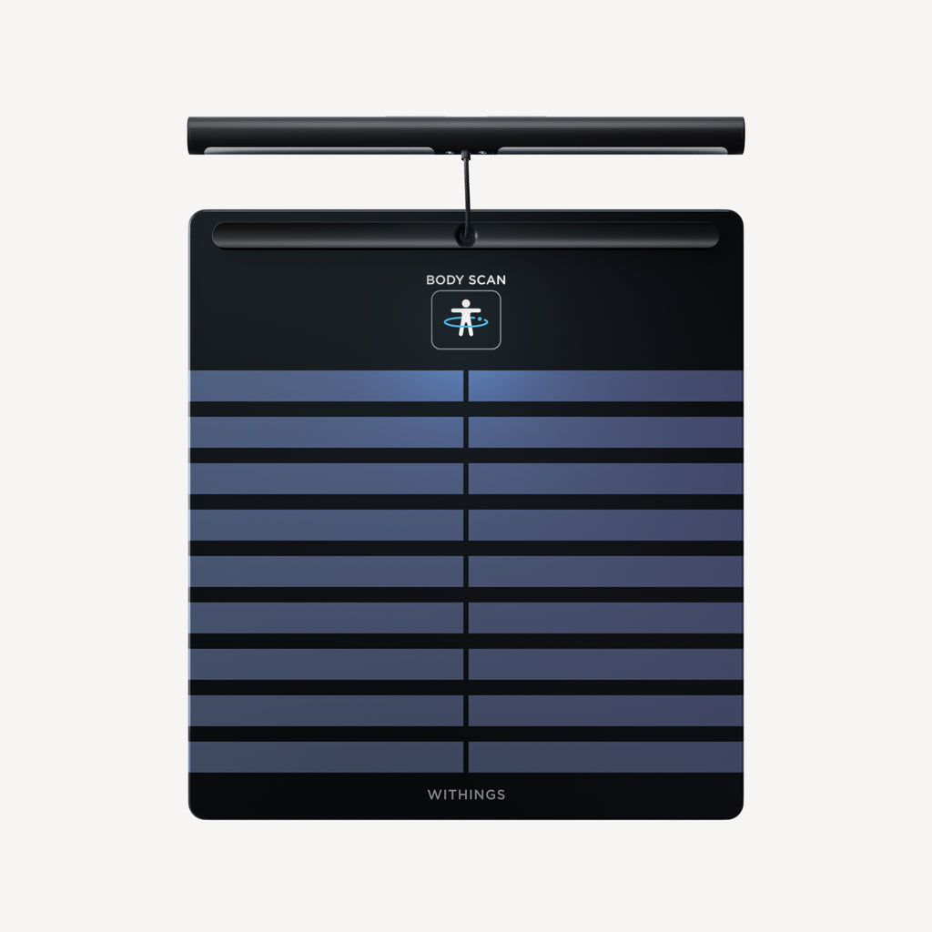 Body Scan — Black — Top-down view on white background, blue-black striped platform with detached handle bar — top-down, neutral background, two components