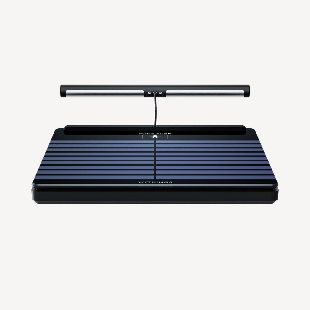 Body Scan — Black — Three-quarter front view on white background, connected scale with wired upper scanning bar — black, three-quarter, neutral background, sensor bar