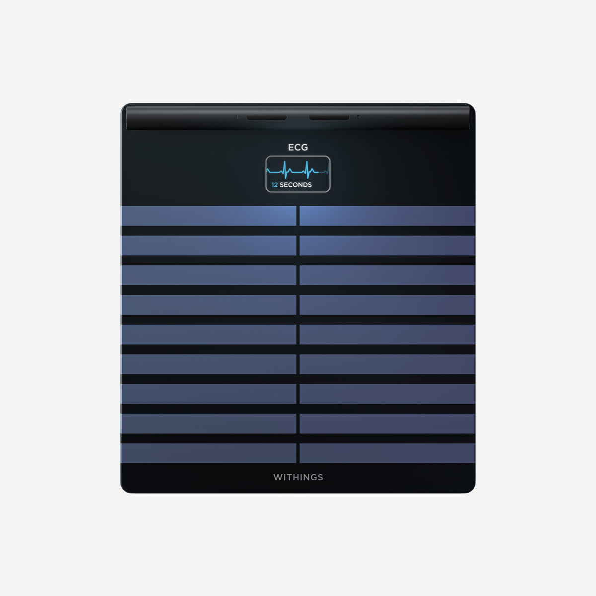 Body Scan — Black — Top-down view on white background, ECG 12-second screen displayed, blue-black striped surface — top-down, ECG, black, smart scale