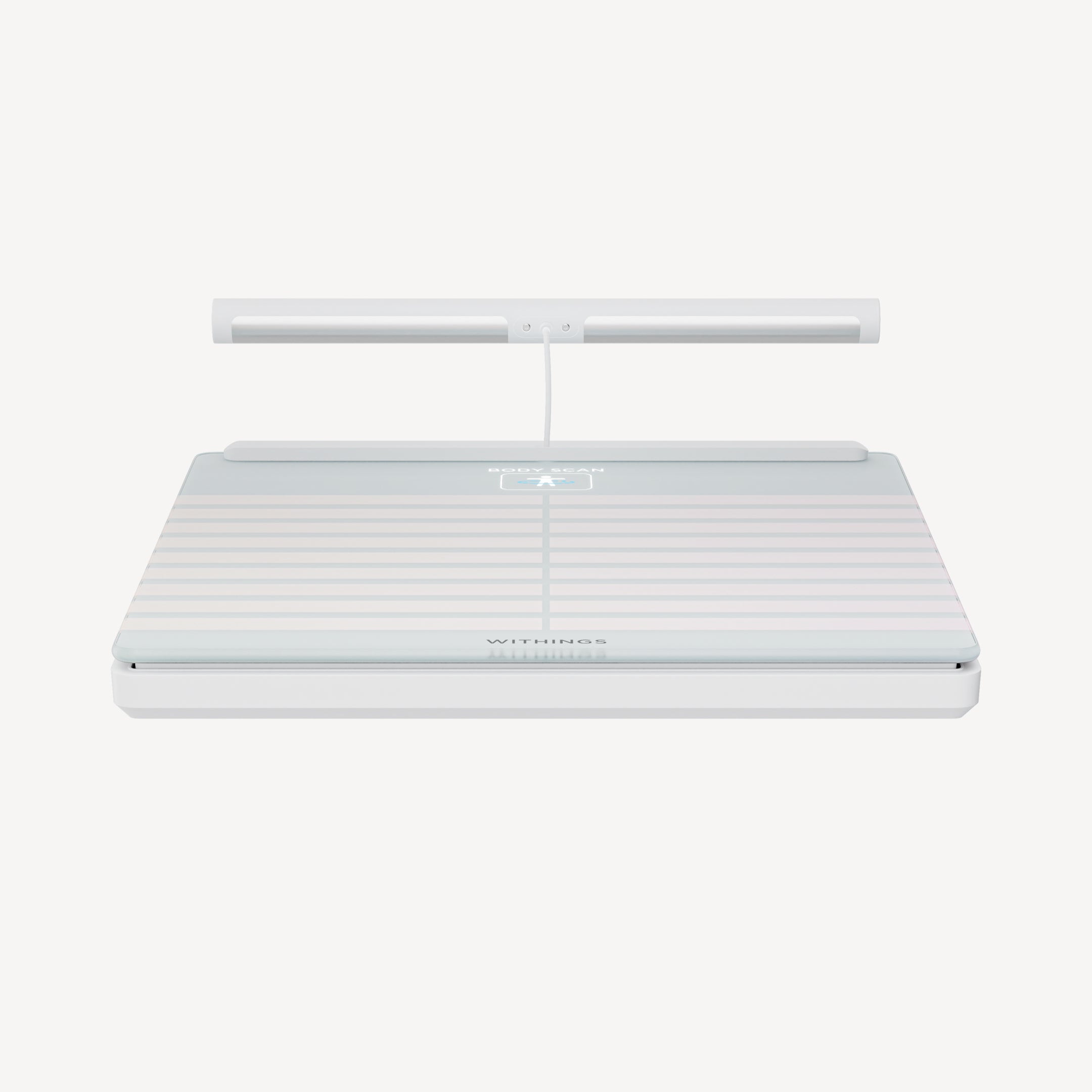 Body Scan — White — Front view on white background, scale lying flat with connected handle bar — white background, front, handle bar included