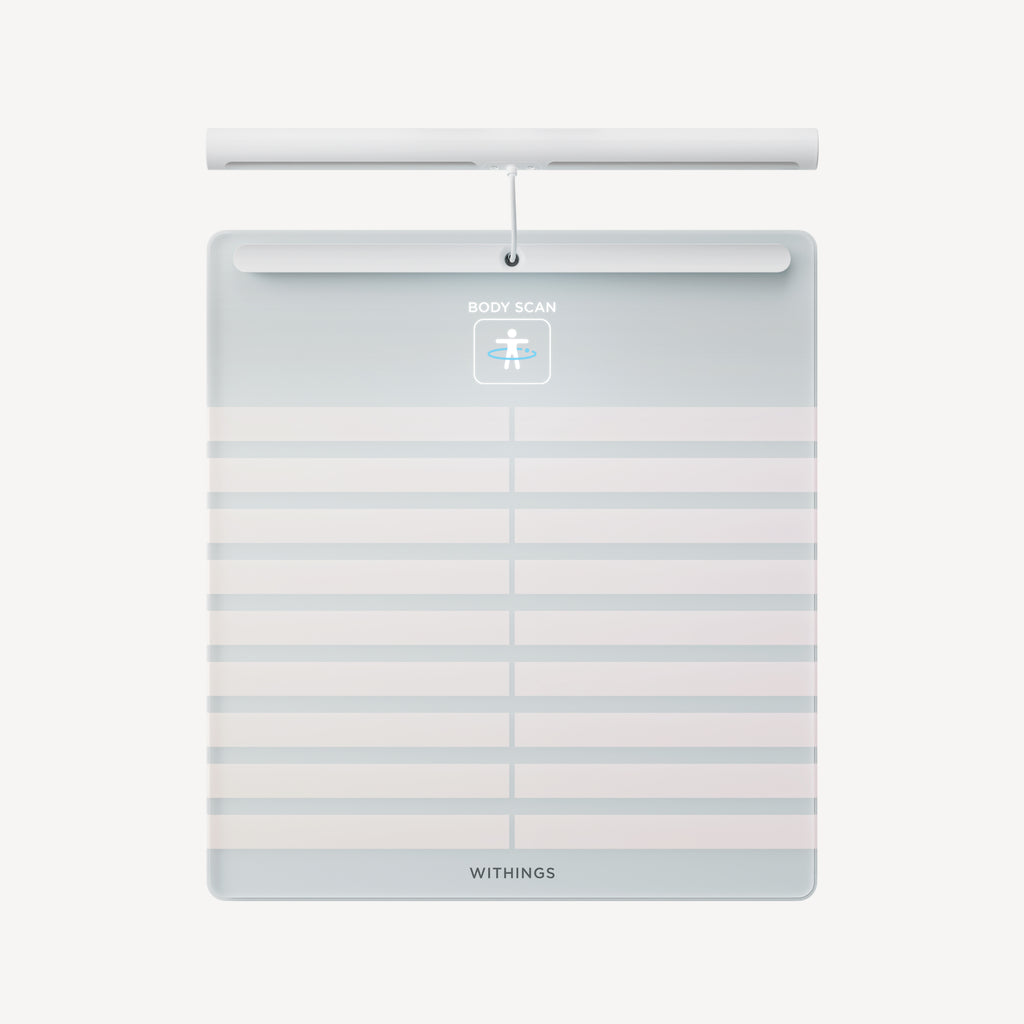 Body Scan — White — Top-down view, scale lying flat with detached handle bar, neutral background, clean design — top-down, white, handle, electrodes