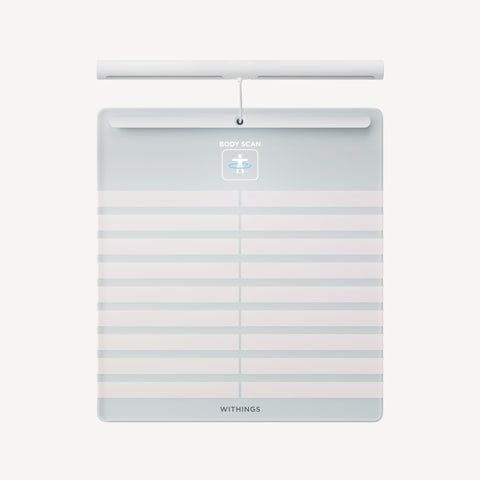 Body Scan — White — Top-down view, scale lying flat with detached handle bar, neutral background, clean design — top-down, white, handle, electrodes
