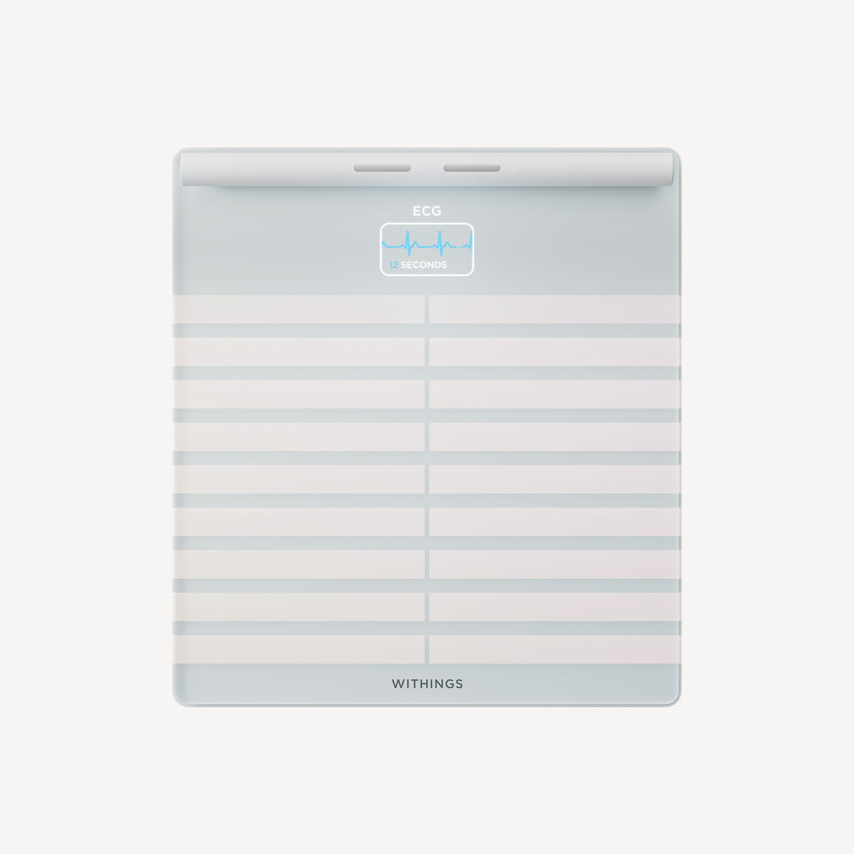 Body Scan — White — Top-down view on plain background, ECG 12-second display, white and light grey striped surface — top-down, white, ECG, clean