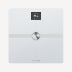 Body Smart — Wit — Bovenaanzicht op effen witte achtergrond, OLED-scherm met 28,4% lichaamsvet, geborsteld metalen middenstuk — wit, bovenaanzicht, solo, strak