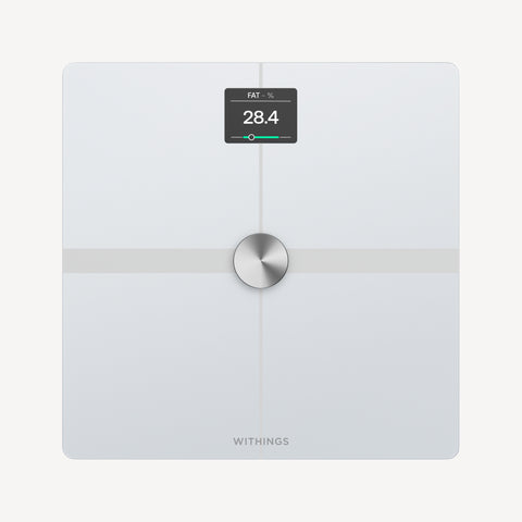 Body Smart — White — Top-down view on plain white background, OLED screen showing 28.4% body fat, brushed metal center — white, top-down, solo, clean