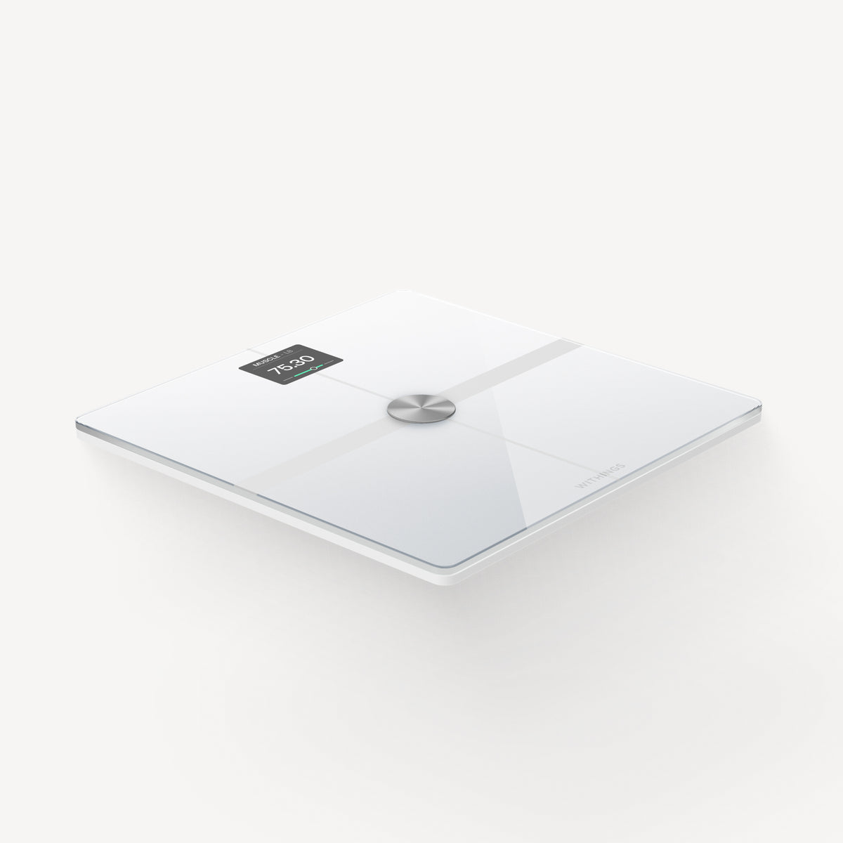 Body Smart — White — Three-quarter elevated angle on neutral white background, lit display showing 75.30 lb, white glass finish — three-quarter, neutral background, active display