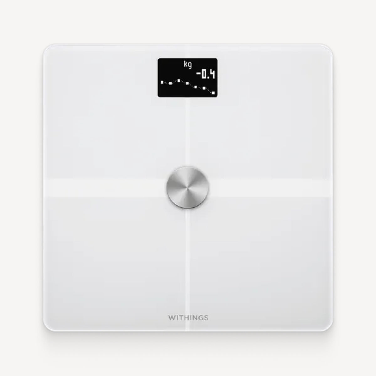 Withings Body+ — Weiß — Draufsicht auf schlichtem weißem Hintergrund, OLED-Bildschirm zeigt Gewichtstrend-Grafik von -0,4 kg — weiß, minimalistisch, Draufsicht, mittleres Zifferblatt