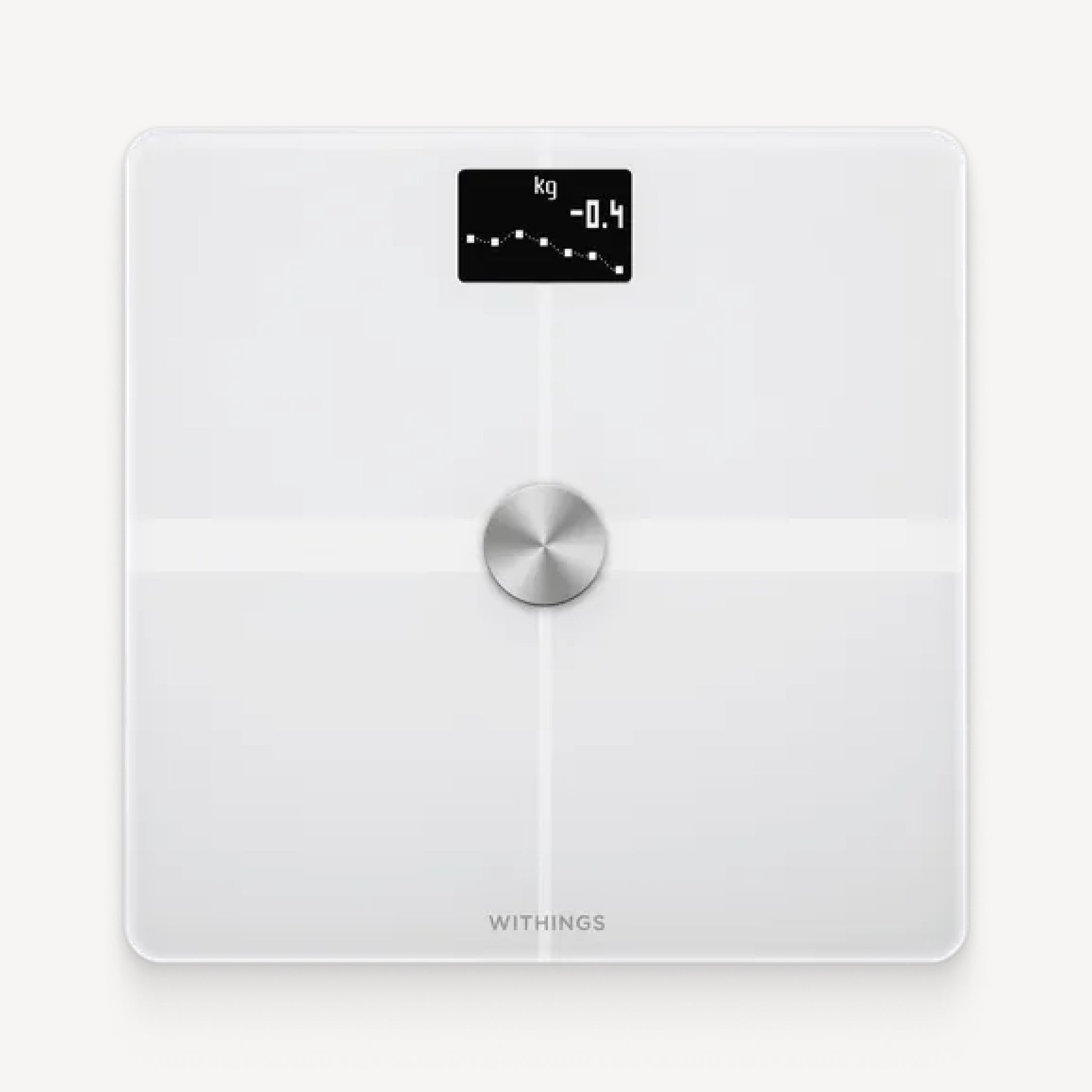 Withings Body+ — Weiß — Draufsicht auf schlichtem weißem Hintergrund, OLED-Bildschirm zeigt Gewichtstrend-Grafik von -0,4 kg — weiß, minimalistisch, Draufsicht, mittleres Zifferblatt
