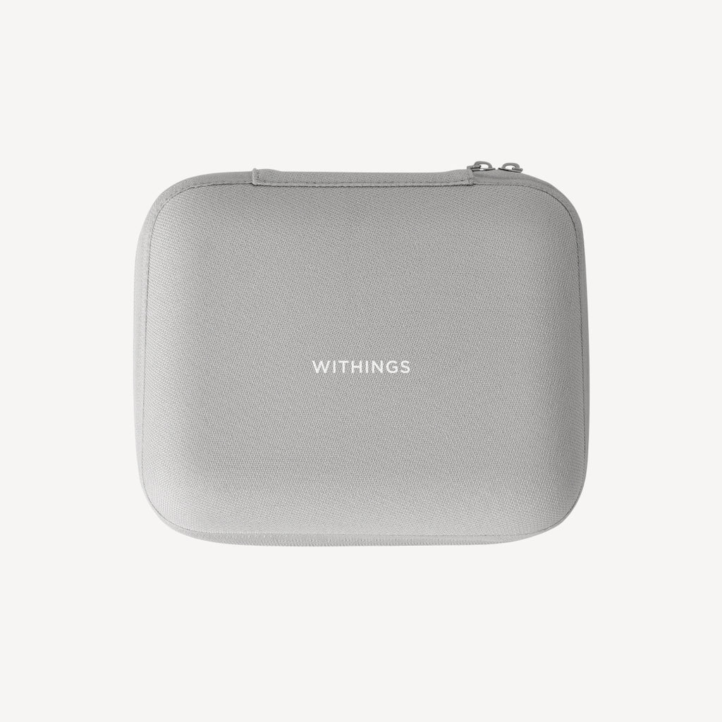 BPM Vision — Travel case — Front view of grey zippered fabric case on white background — grey case, fabric, zipper, plain background
