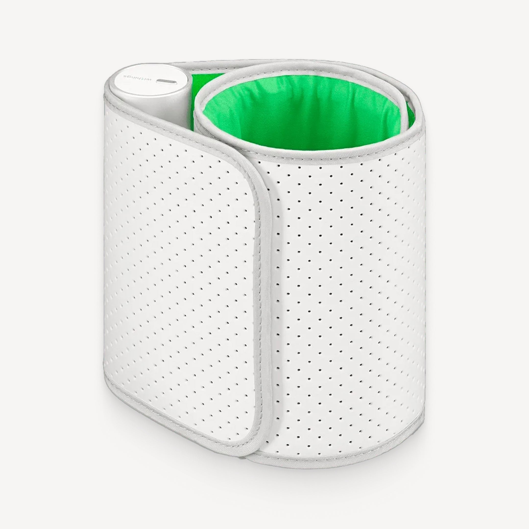 Withings BPM Wireless — Cuff only — Three-quarter view, rolled cuff on white background, bright green inner lining, integrated white module — three-quarter, white background, green lining, perforated
