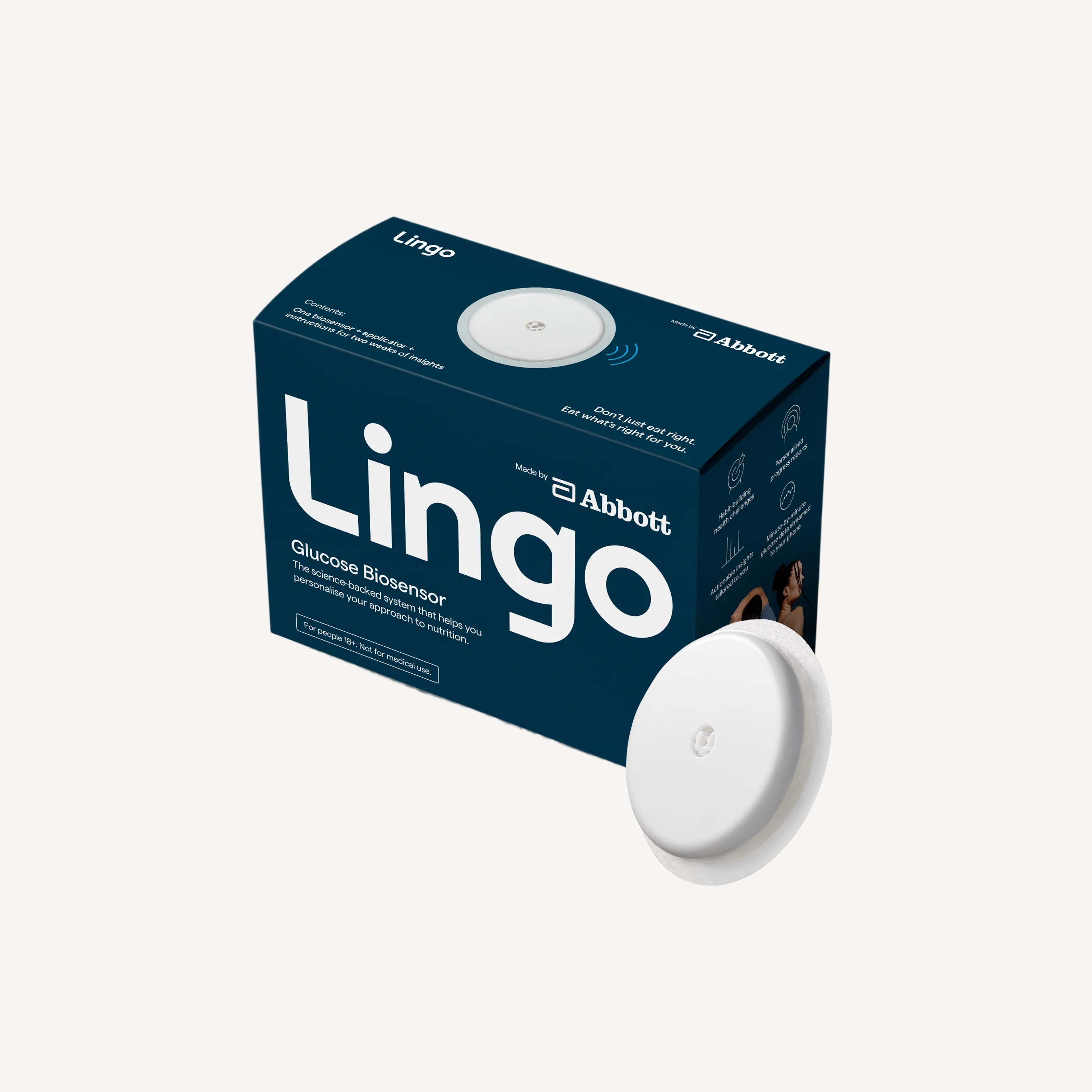 Lingo — Glucose Biosensor — Dark navy product box with round white sensor shown alongside, three-quarter angle, plain background — packshot, box, biosensor, white