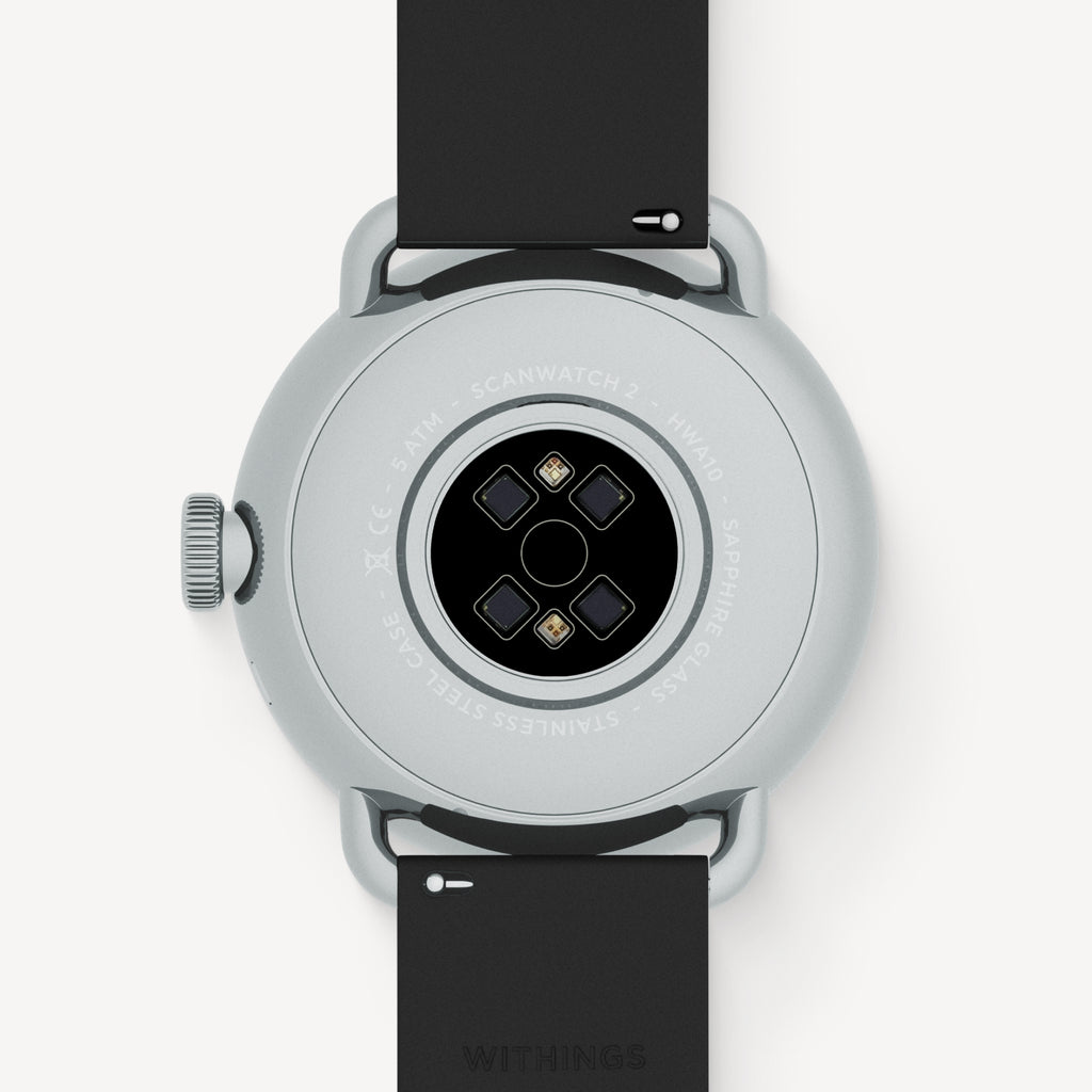 ScanWatch 2 — Black/Steel — Back view showing optical sensors and ECG electrodes, stainless steel case, black silicone band — back, sensors, steel
