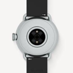 ScanWatch 2 — Black/Steel — Back view showing optical sensors and ECG electrodes, stainless steel case, black silicone band — back, sensors, steel