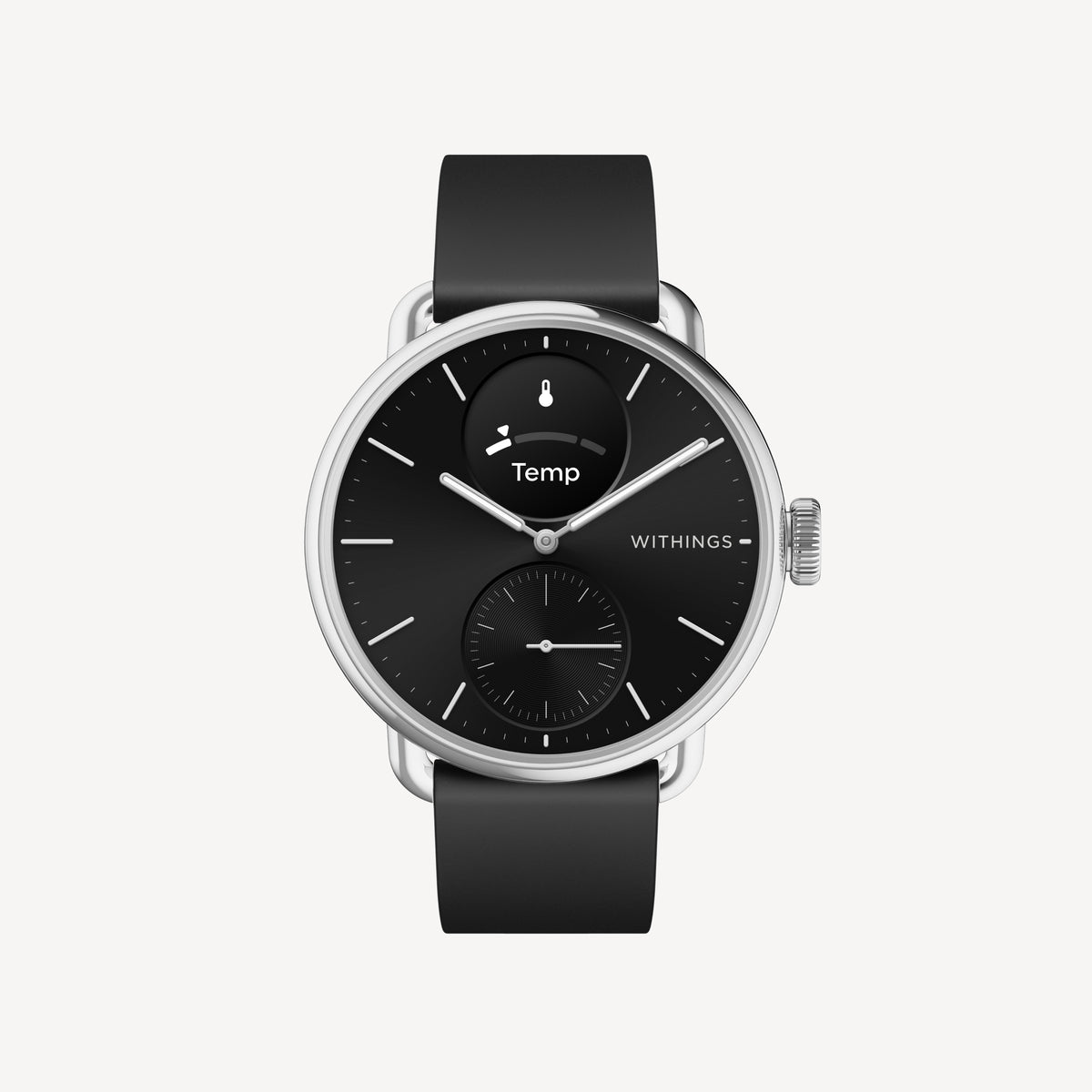 ScanWatch 2 — Black 38mm — Front view on white background, black dial with sub-dial and Temp display, black silicone strap, silver case — front, monochrome, silicone