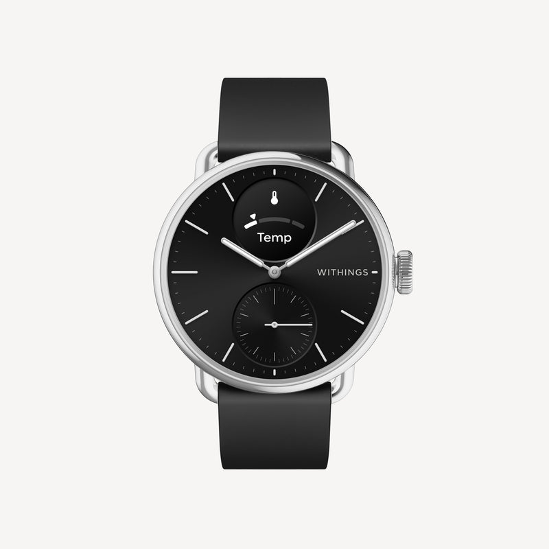 ScanWatch 2 — Black 38mm — Front view on white background, black dial with sub-dial and Temp display, black silicone strap, silver case — front, monochrome, silicone