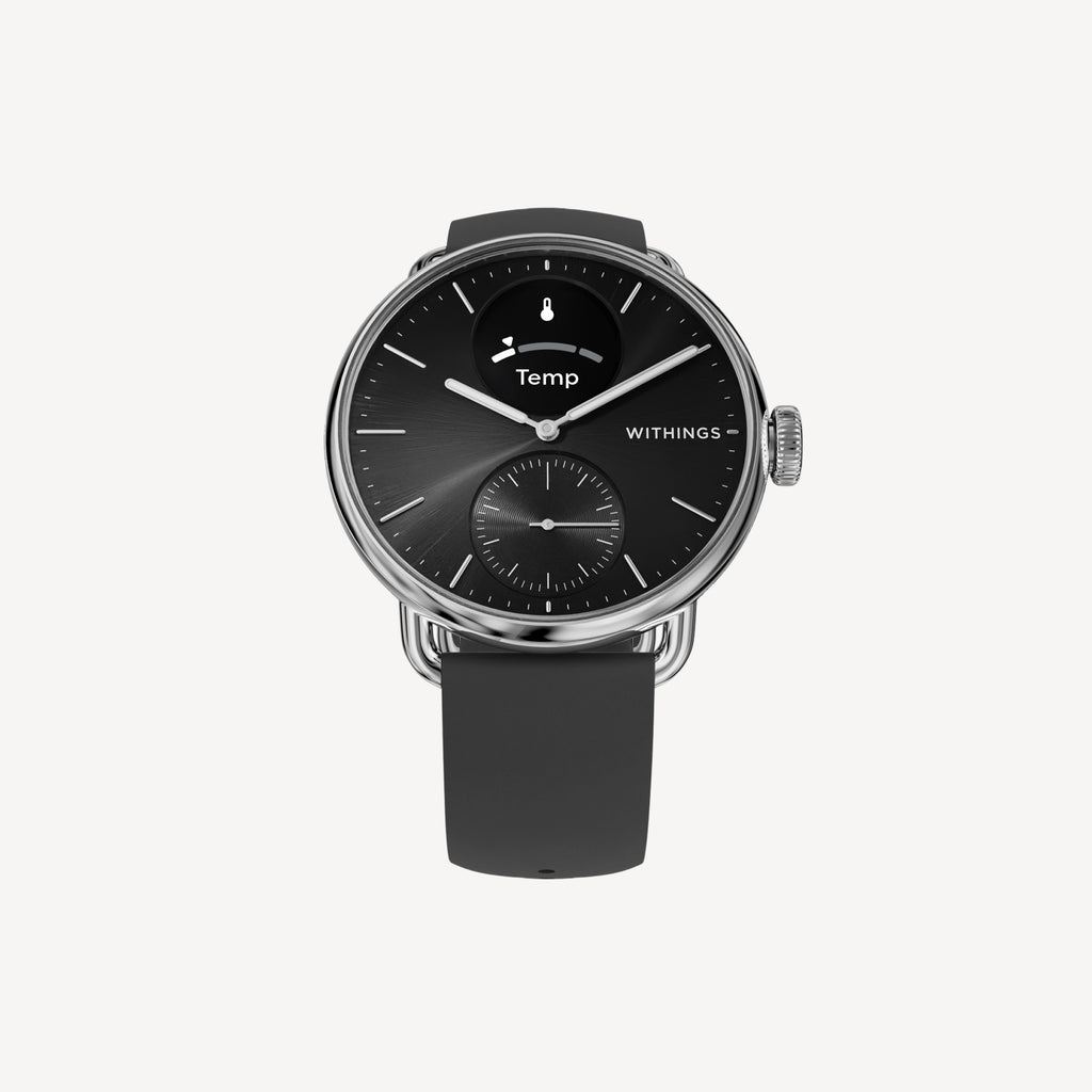 ScanWatch 2 — Black 38mm — Front view on white background, black dial with sub-dial and active Temp screen, grey silicone strap — front view, neutral background, black dial, hybrid